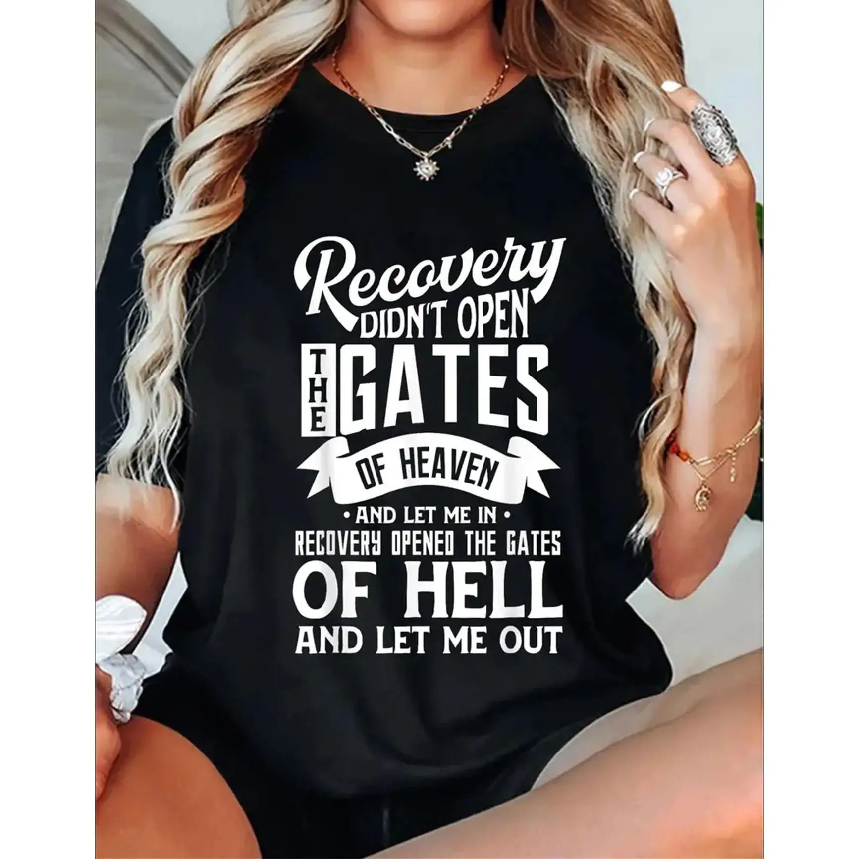 

Didn't Open Gates Print Crew Neck T-Shirt - Soft Micro Elasticity Casual Short Sleeve Top for Spring & Summer, Womens Regular