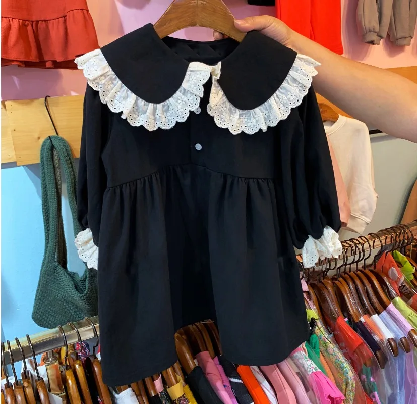 Estilo japonês de renda infantil patchwork vestido de princesa, gola virada para baixo, roupas infantis, meninas, primavera, verão, casual