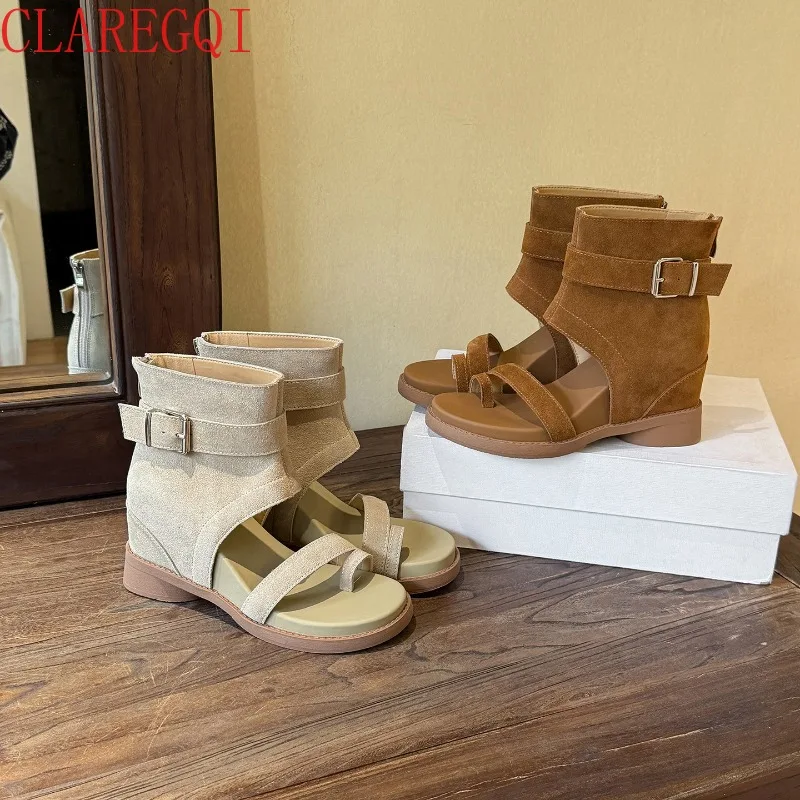 Hot In Summer Open Toe Boots Fashionable And Versatile Women's Ankle Boots Retro One Word Clip Toe Sandals Back Zipper SlopeHeel