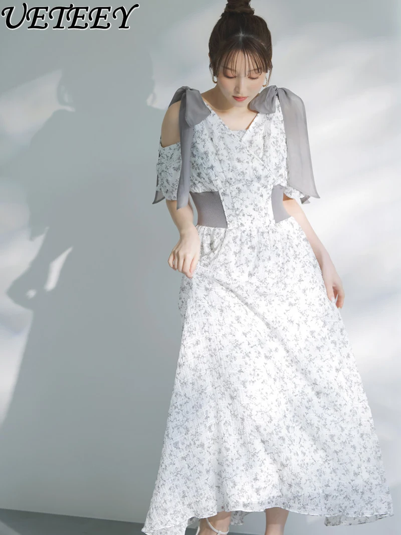 2025년 여름 신상 우아한 오프숄더 허리 리본 숄더 스트랩 프린트 드레스, 니치 하이웨이스트 슬림 드레스, 출퇴근룩