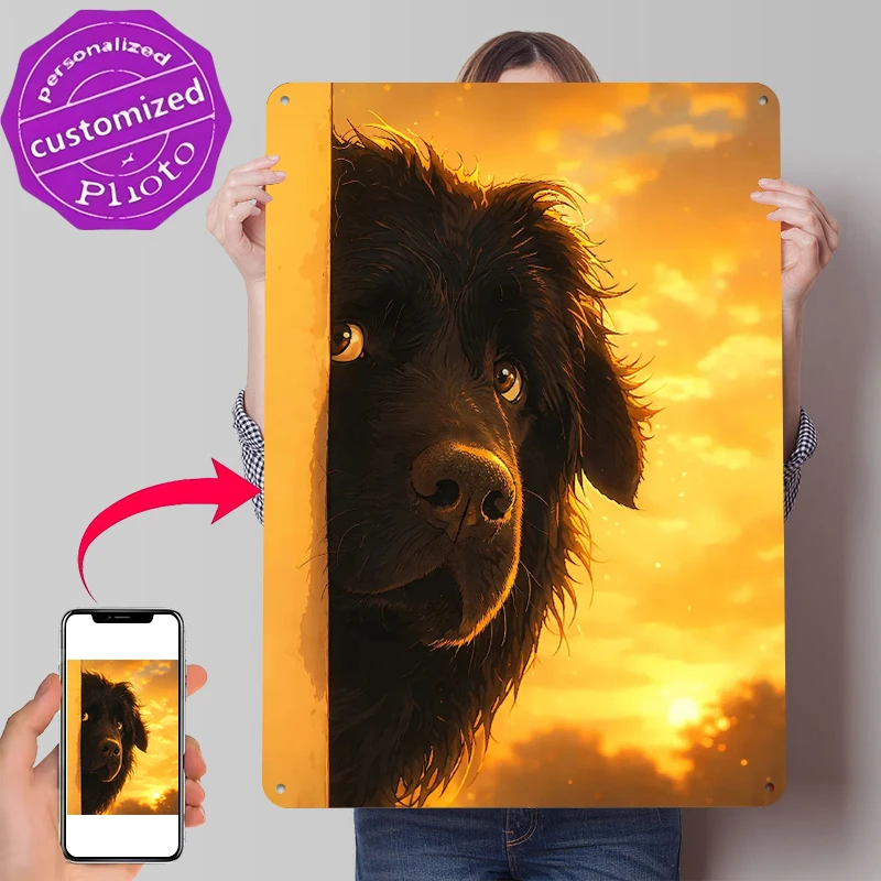 Newfoundland Dog Peeking At Sunset Metal Poster Customized Wall Art Retro Vintage Tinplate Signs for Modern Home Decoration Room