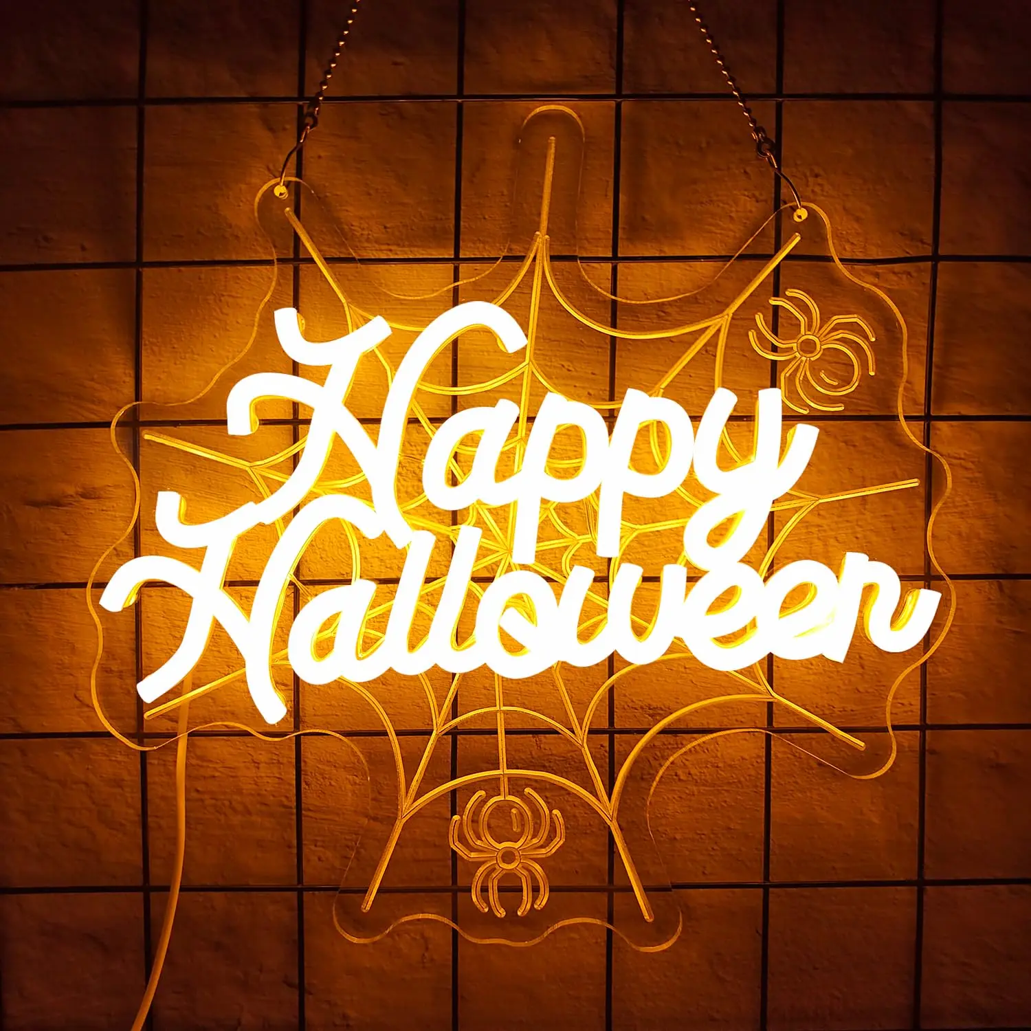 Happy Halloween LED Neon Sign for Wall Decor 3D Spider Web Glowing Gothic Light Up Party 5/12V USB power with Dimmable Switch