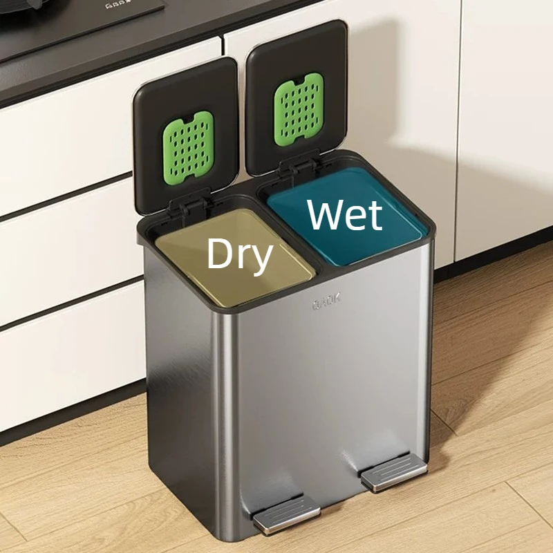 Wet-Dry Separation Trash Can Stainless Steel Pedal Waste Bin Kitchen Food Waste Disposal Dustbin Household 18/24L Wastebasket