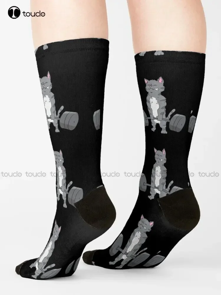 Weightlifting - Gray Strong Cat Lifts Weights Socks White Soccer Socks Youth Personalized Custom Unisex Adult Teen Youth Socks