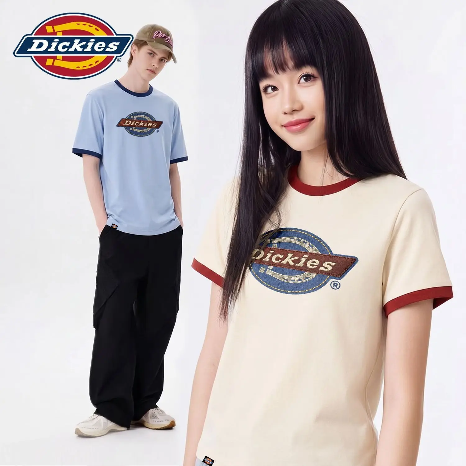 Dickies Vintage Colorblock Tee 100% Cotton Loose Crew Neck Summer Casual Top