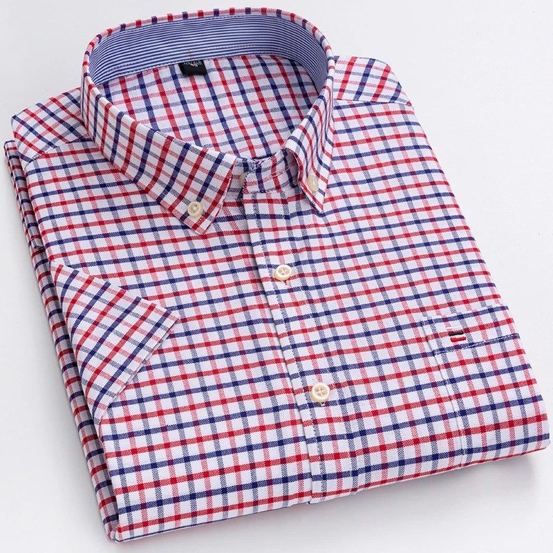 New Oxford Causal Shirts For Men Summer Short Sleeved Leisure Regular Fit Plaid Shirt Square Collar Soft Male Tops Front Pocket