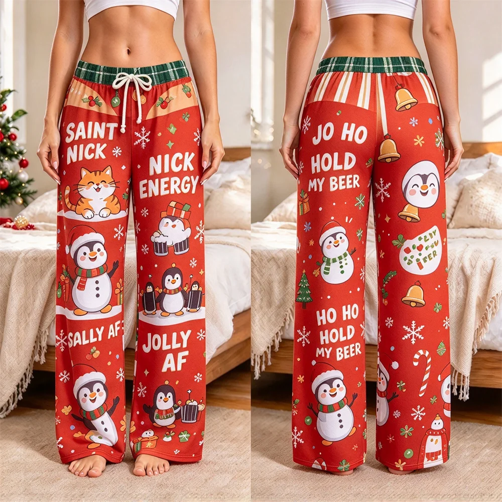 Ladies Ugly Christmas Lounge Pants Cute Xmas Character 3D Casual Wide Leg Sleep Bottoms Comfortable Holiday Home Pajama Trousers