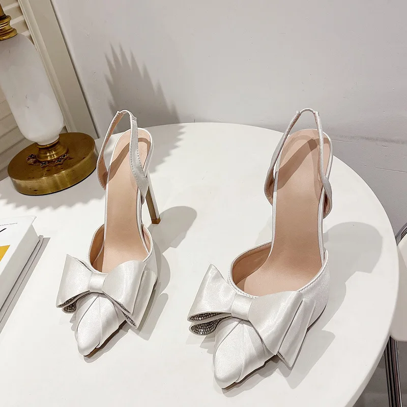 Elegant Women Party Wedding Banquet Shoes Sexy High Heels Pumps Pink Bowknot Summer Slingback Sandals Pointed Toe Stiletto Shoes