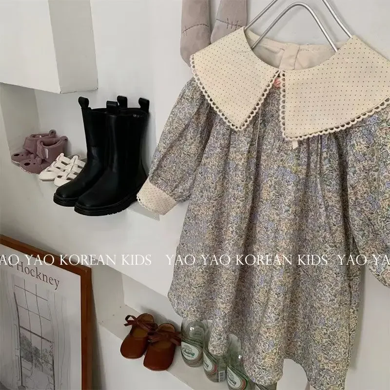 

Girls' Dress Autumn New Fashionable Girl Baby Loose Neck Long Sleeve Children's Fragmented Flower Skirt Flower Girl Dresses