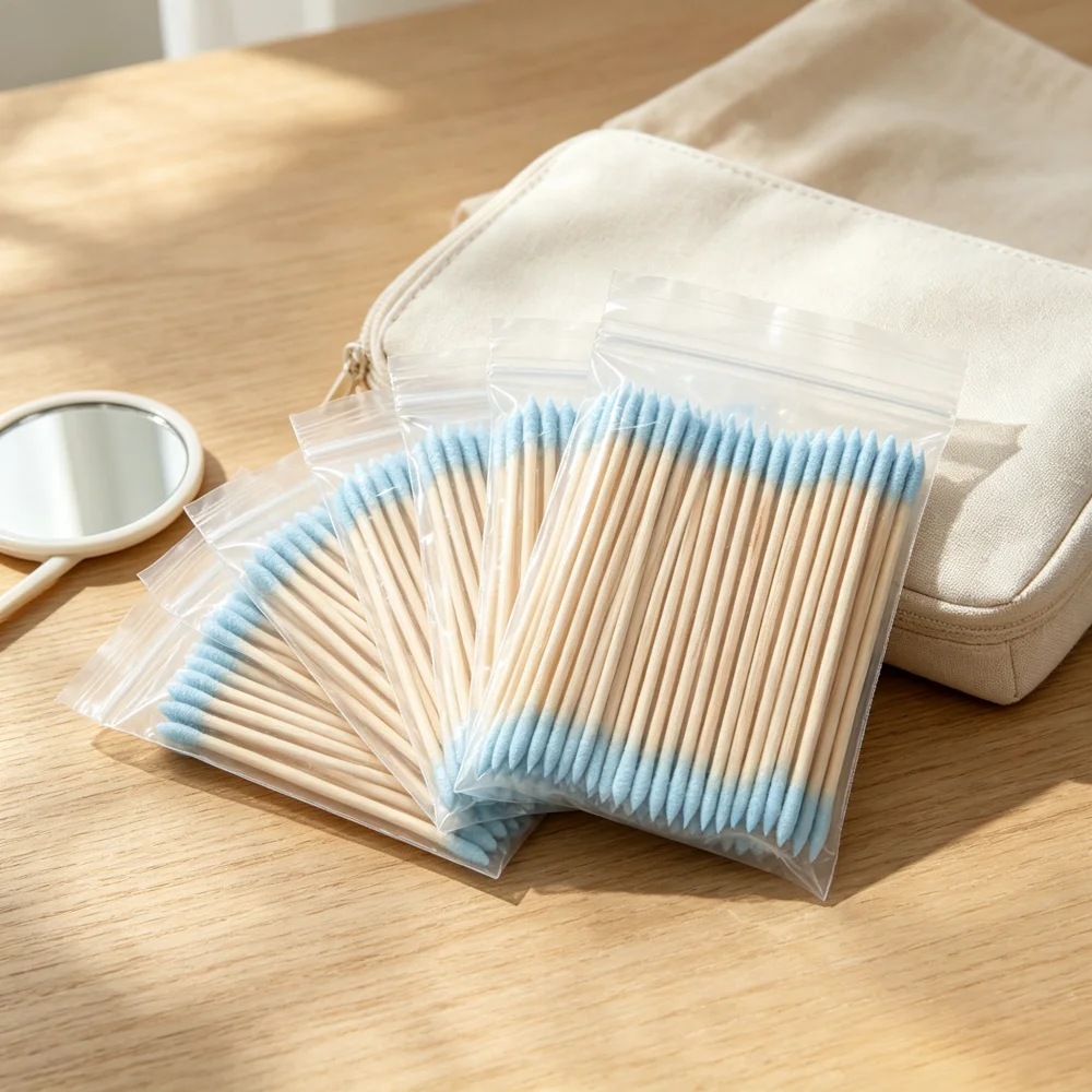 Blue Double Fine‑Tip Cotton Swabs 7cm, Lint‑Free Wooden Cotton Buds for Cosmetic Detail Cleaning & Daily Beauty Application