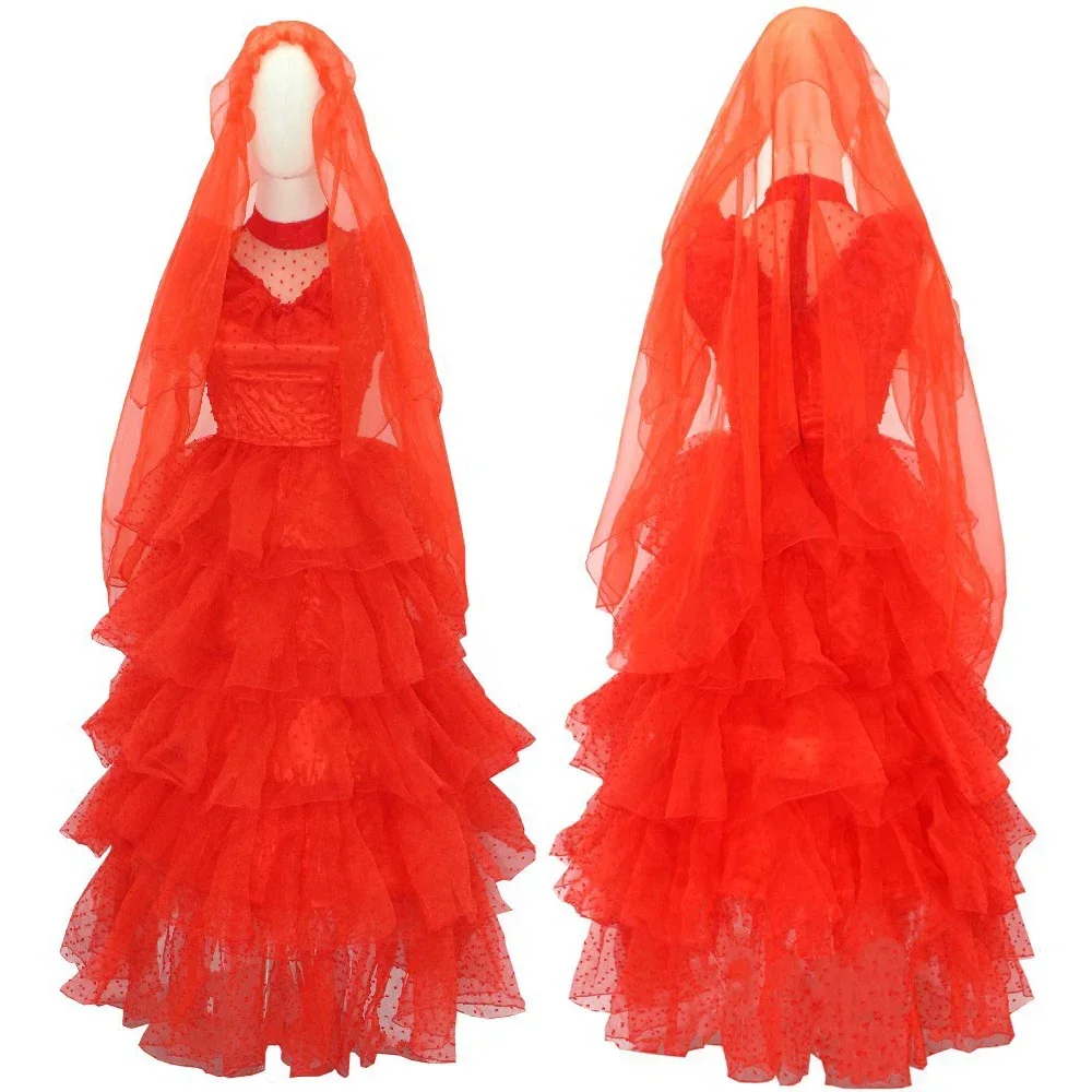 

New 2026 Movie Lydia Deetz Cosplay Costume Adult Women Red Wedding Dress Uniform Yarn Skirt Halloween Clothes Outfit