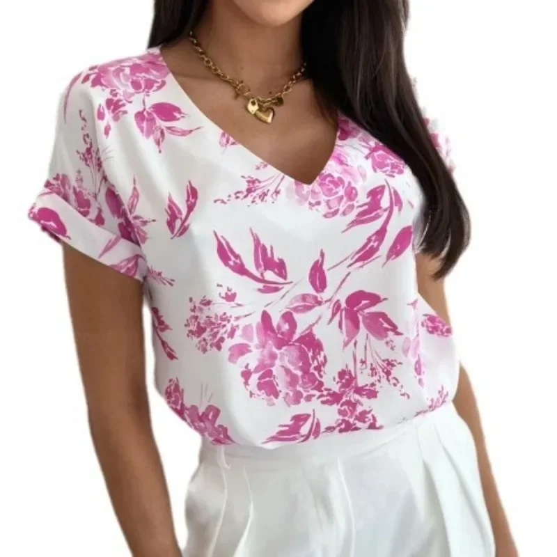 Women\'s Fashion Summer V-neck Blouse Loose Short Sleeved Shirt Ladies Minimalist Printed Breathable Shirt