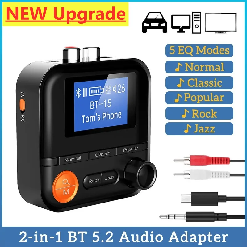 2 IN 1 Wireless Bluetooth Transmitter Receiver 5 EQ Modes Audio Adapter 3.5MM AUX RCA TF With HD Display For PC TV Car Speakers