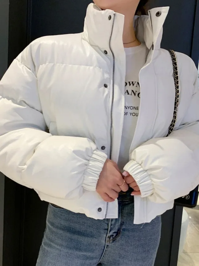 

Winter Vintage Stand Collar Loose Versatile ort Coat Women Small Size Thiened PU Leather Bread Cotton Trendy Jaet