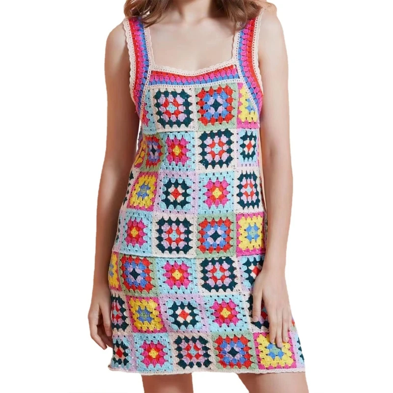 Women Beach Dress Hollow Crochet Sleeveless Crop Skirt Flower Print Sling Dress