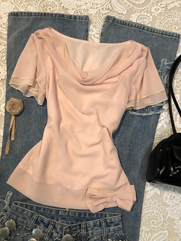 

Оригинальный розовый шифоновый топ с бантом, женский летний винтажный модный возрастной однотонный хлопковый топ ort Sve Pure Color