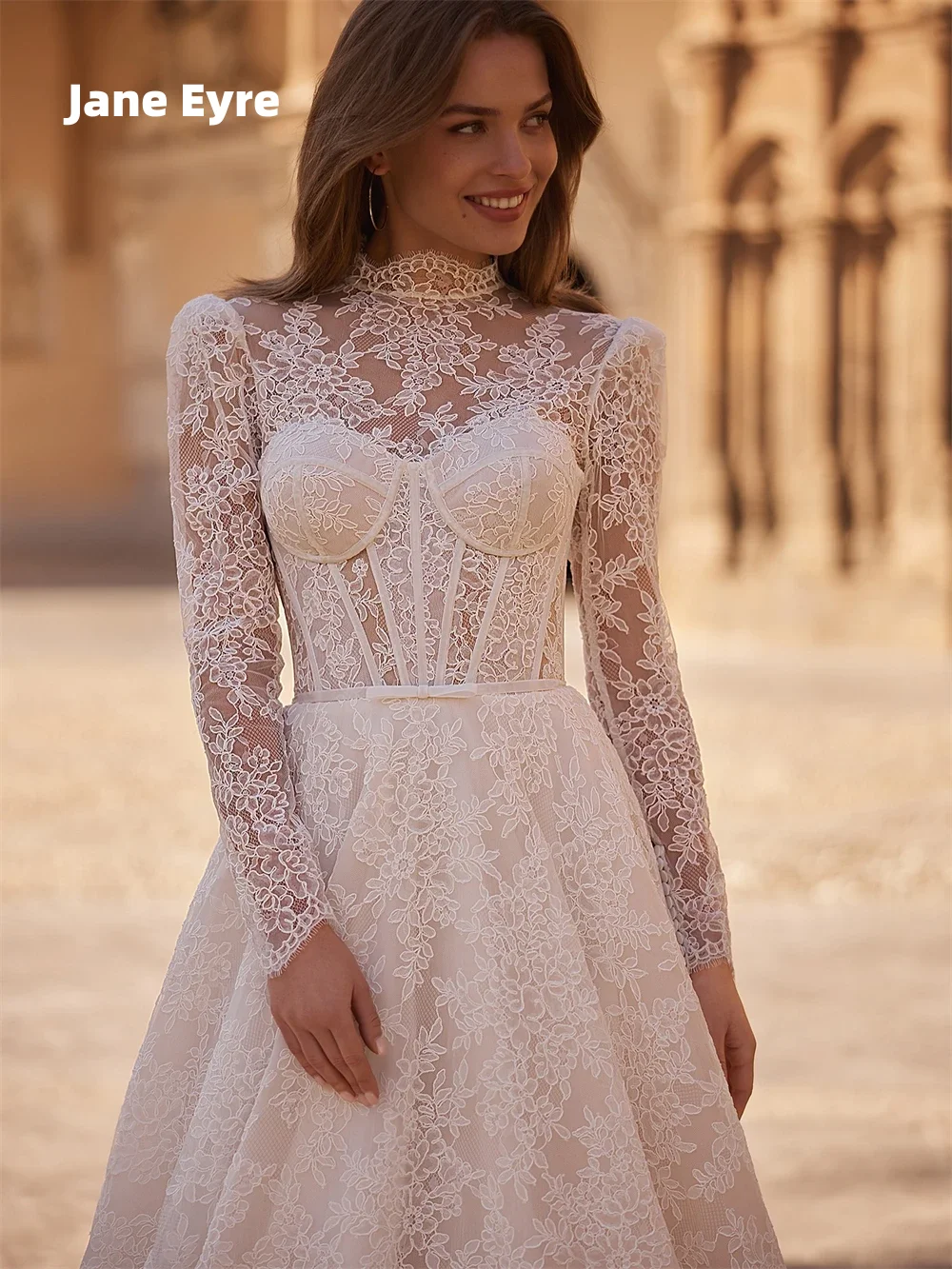 新しい白いウェディングドレスハイネックAラインフルスリーブレースウェディングドレス高級ボヘミアンブライダルボールプロムドレスカスタマイズ