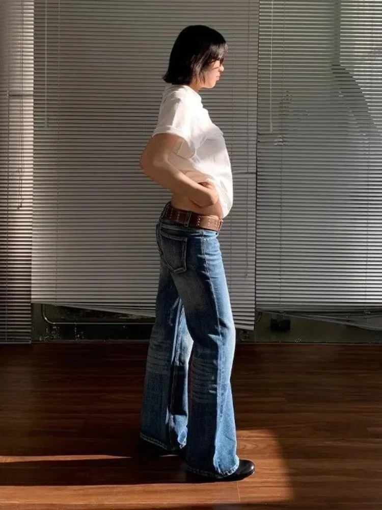 HOUZHOU American Retro High Street Spicy Girls Low Waist Jeans Women Vintage Y2k Harajuku Baggy Solid Denim Flared Pants 2025