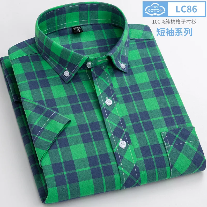 6XL men\'s short-sleeved shirt summer new 100% cotton high-quality thin casual plaid non-ironing fashion large size breathable