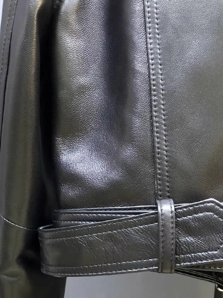 Herbst Frauen Motorrad Biker Weiche Schaffell Echtes Leder Jacke Zipper O Neck Arbeit Cargo Jacke Mode Winddicht Punk Mäntel