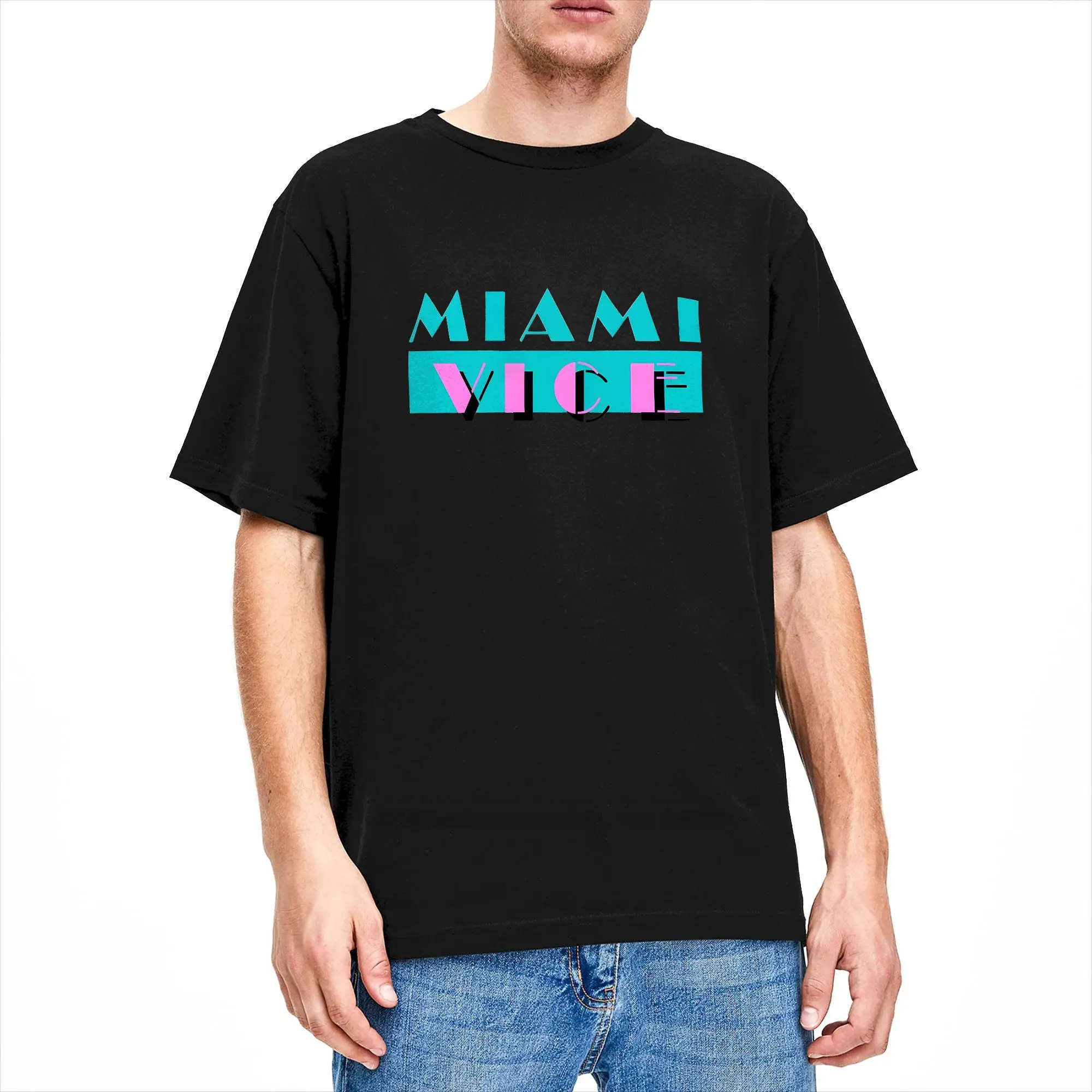 Retro Miami Vice  T-Shirt Men's 100%Cotton Tops Kawaii  Round Neck Short Sleeve