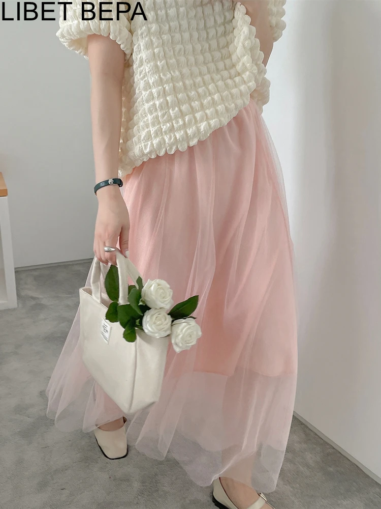 New 2022 Fairycore Mesh Sweet Pleated Tulle Flared Ball Gown Elegant High Waist Spring Summer Korean Women Long Skirts SK1673JM