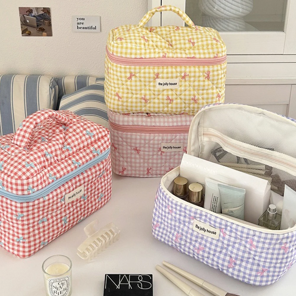 Quilted Cosmetic Bags Cute Checkered Bow Pattern Storage Bags Cotton Padded Travel Makeup Pouch Women\'s Large Capacity Organizer