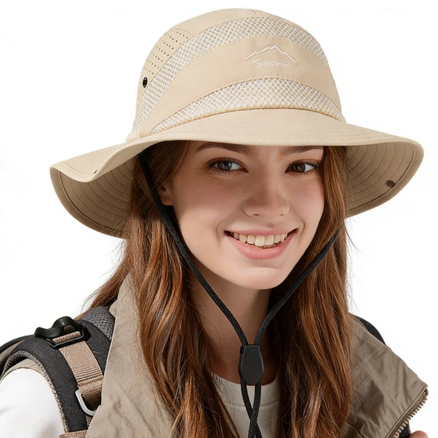 Ein Sonnenschutz-Fischerhut für Outdoor-Wanderungen, mit großer Krempe, winddichtem und atmungsaktivem Netzstoff, Unisex-Stil, faltbar mit winddichtem Riemen, Sonnenhut, Urlaubsgeschenk