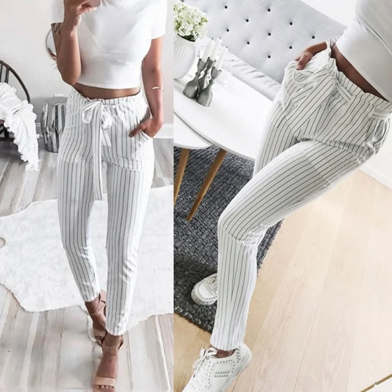 Pantalones de vendaje para mujer, pantalón Harem de cintura alta con lazo, cintura elástica a rayas, estilo informal, Harajuku, verano, 2024