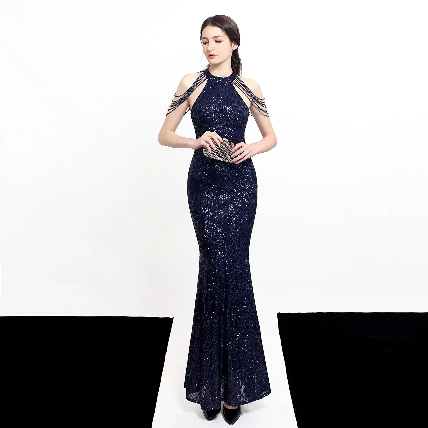 Evening Dress Navy Blue Sequins Stretchy Halter Collar Zipper Back Mermaid Trumpet Floor Length Women Party Formal Gowns YE081