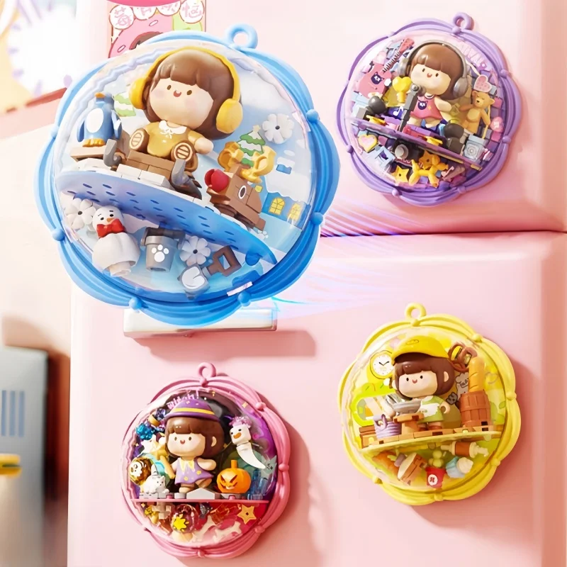 Kawaii Cute Little Girl Magnetic Refrigerator Stickers Building Blocks Small Children Assembled Toy Model Ornaments Holiday Gift