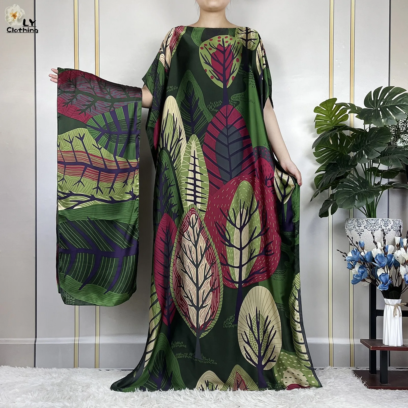 2023New Dubai Evening Dress Fashion Silk Dress For Women Summer Short Sleeve Loose Abaya Maxi African Femme Dress With Headscarf