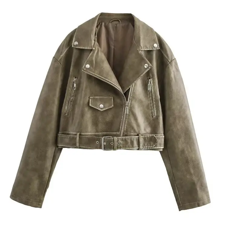 JNLEAOG Faionable Waed Pelle Jaet Con Cintura Or Cappotto Donna Autunno Nuovo Sle Colore Puro Poliestere Lungo Chiusura Lampo