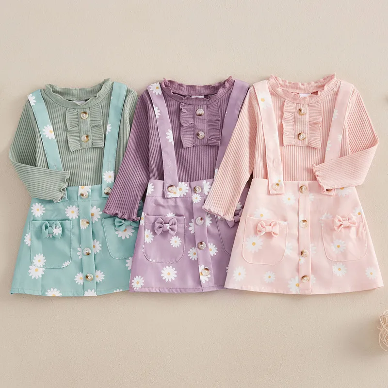 6 Months to 4 Years Baby Girl Skirt Sets Spring Autumn Clothes Solid Color Ruffles Long Sleeve Tops Daisy Suspender Skirt