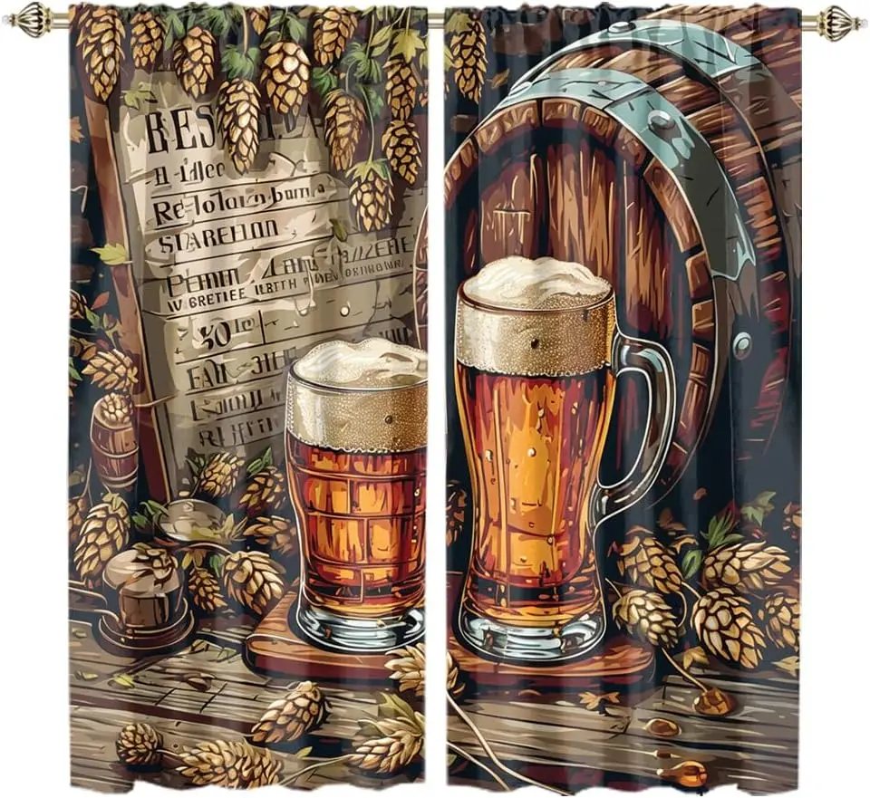 Rustic Pub Beer Mug Barrel Window Curtain Fall Autumn Decor Vintage Craft Beer Barman Kitchen Home Drapery Treatment