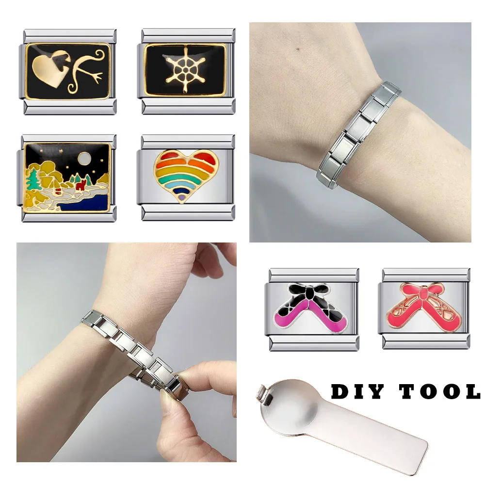 New Fashion Removable 9mm  Italian Charm Links Elastic Stainless Steel Bracelet Jewelry DIY Making Women Bracelets 2024 Trendy