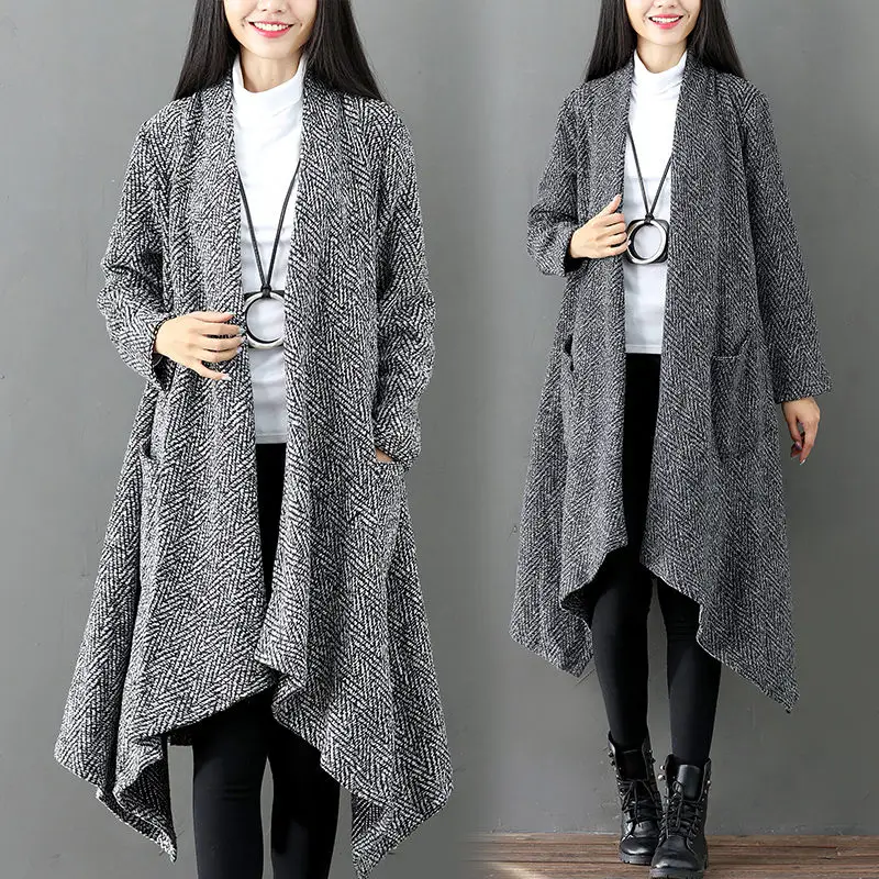 Autumn And Winter Shawl Women's Large Size Vintage Loose Cloak Coat Medium Long Temperament Irregular Windbreaker Jacket T1336