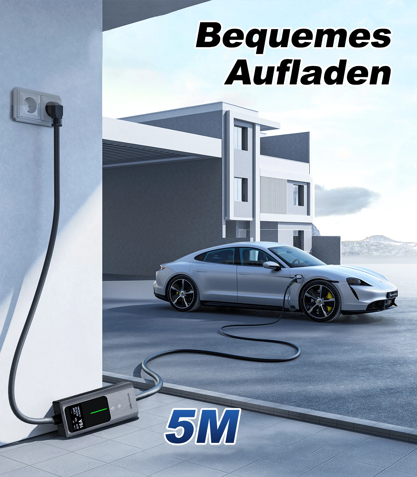Elektroauto-Ladegerät, 3,6 kW EV-Ladegerät Typ 2, einstellbarer Strom 6/8/10/13/16A, 5m, 8m, 10m, 15m Elektrofahrzeug-Ladekabel mit EU-Schuko, IP65 einphasige Ladestation