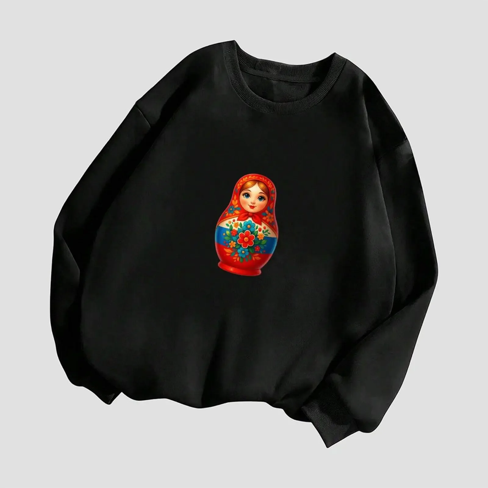 Moletom feminino com gola redonda veludo inverno casual ‌ Matryoshka ‌   Boneca estampada padrão pulôveres roupas femininas camisetas casuais tops