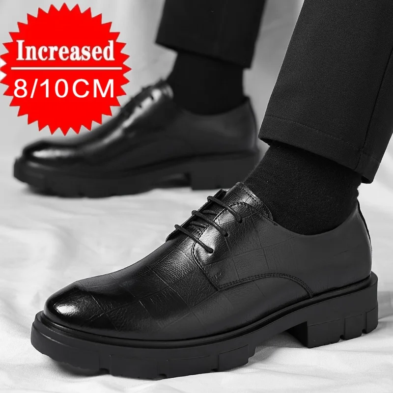 Zapatos formales de negocios con suela gruesa para hombre, zapatos de cuero aumentados de 10CM, diseño con cordones, resistentes al desgaste, ayuda baja para aumentar