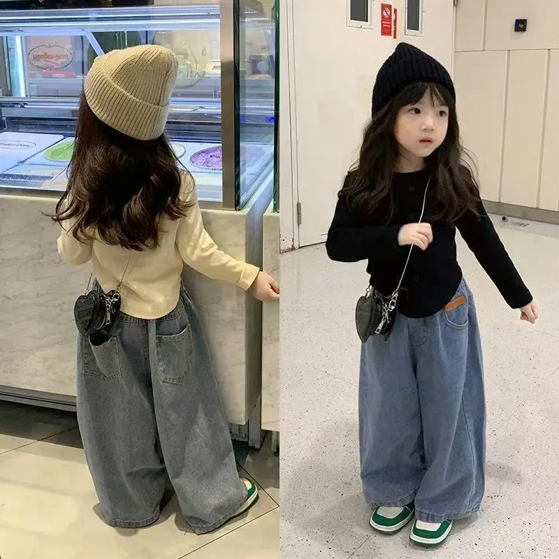 

2025 New Spring Autumn Girls Suit Korean Style Bottoming Shirt Top + Casual Jeans Girls Wide-leg Pants Loungewear Kids Outfits