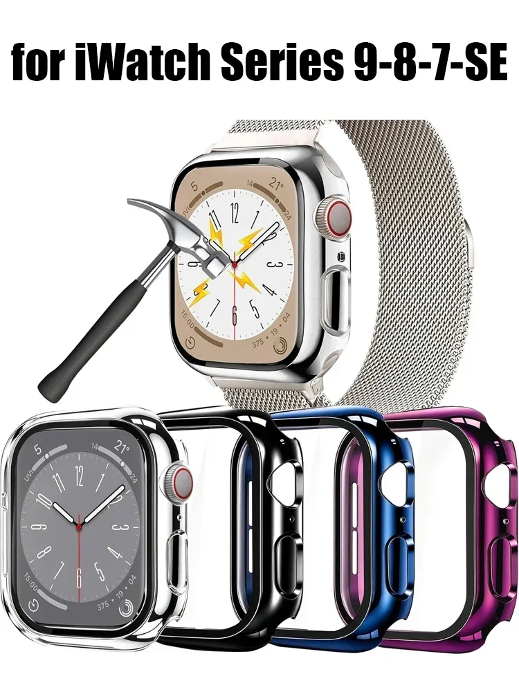 Beschichtetes Gehäuse für Apple Watch 45mm 44mm 40-42-38-41mm, gehärtetes Glas + Stoßfänger-Displayschutzfolie, iWatch Serie 9-8 7 6 SE 3, Zubehör