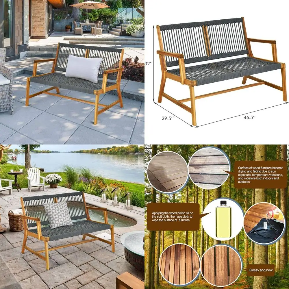 

Двухместная скамья-софа из акации с отделкой тиковым маслом, уличная плетеная скамья для балкона, террасы и зоны у бассейна (серая)