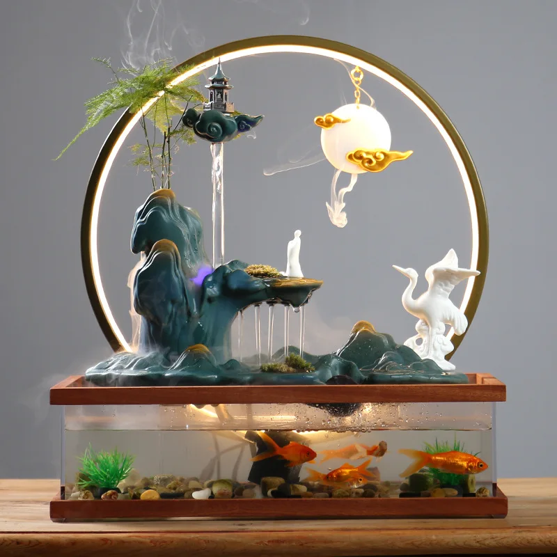 Fish tank water decoration rockery fountain cycle landscape living room desktop fortune