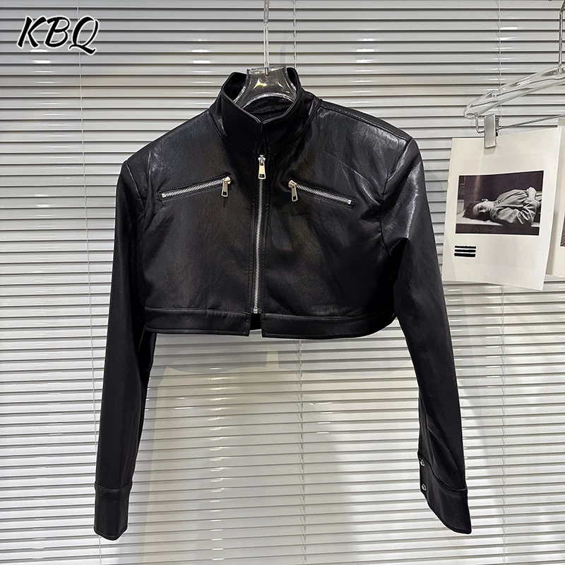 

KBQ Designer Solid Slimming Leather Jackets For Women Stand Collar Long Sleeve Spliced Zipper Temperament Coat Female Fashion