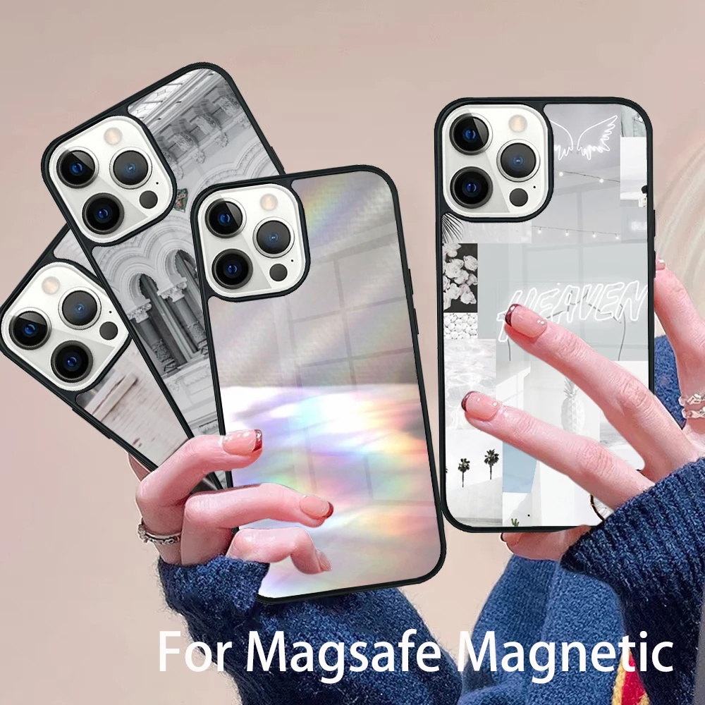 

aesthetic white Phone Case Magesafe Magnetic Wireless Charge Cover For IPhone 16 11 12 13 14 15 Pro Max Plus Mini