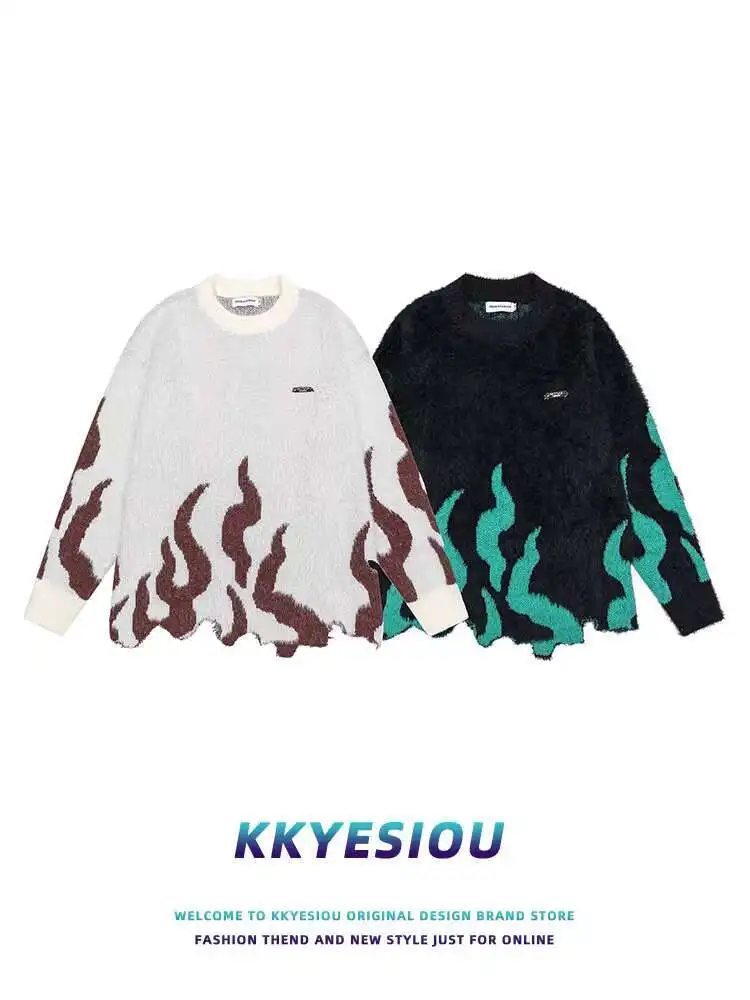 

Мужской и женский свитер, вязаный свитер с зеленым пламенем и буквами для мужчин и женщин, большой пуловер в стиле хип-хоп для пар