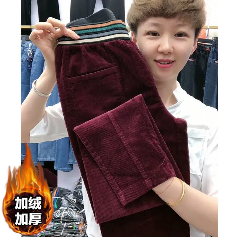 冬暖かいコーデュロイハーレムパンツ厚みのベルベット裏地パンタロンハイウエストビッグサイズ 4xl ルーズママ Spodnie カジュアルズボン XQ125