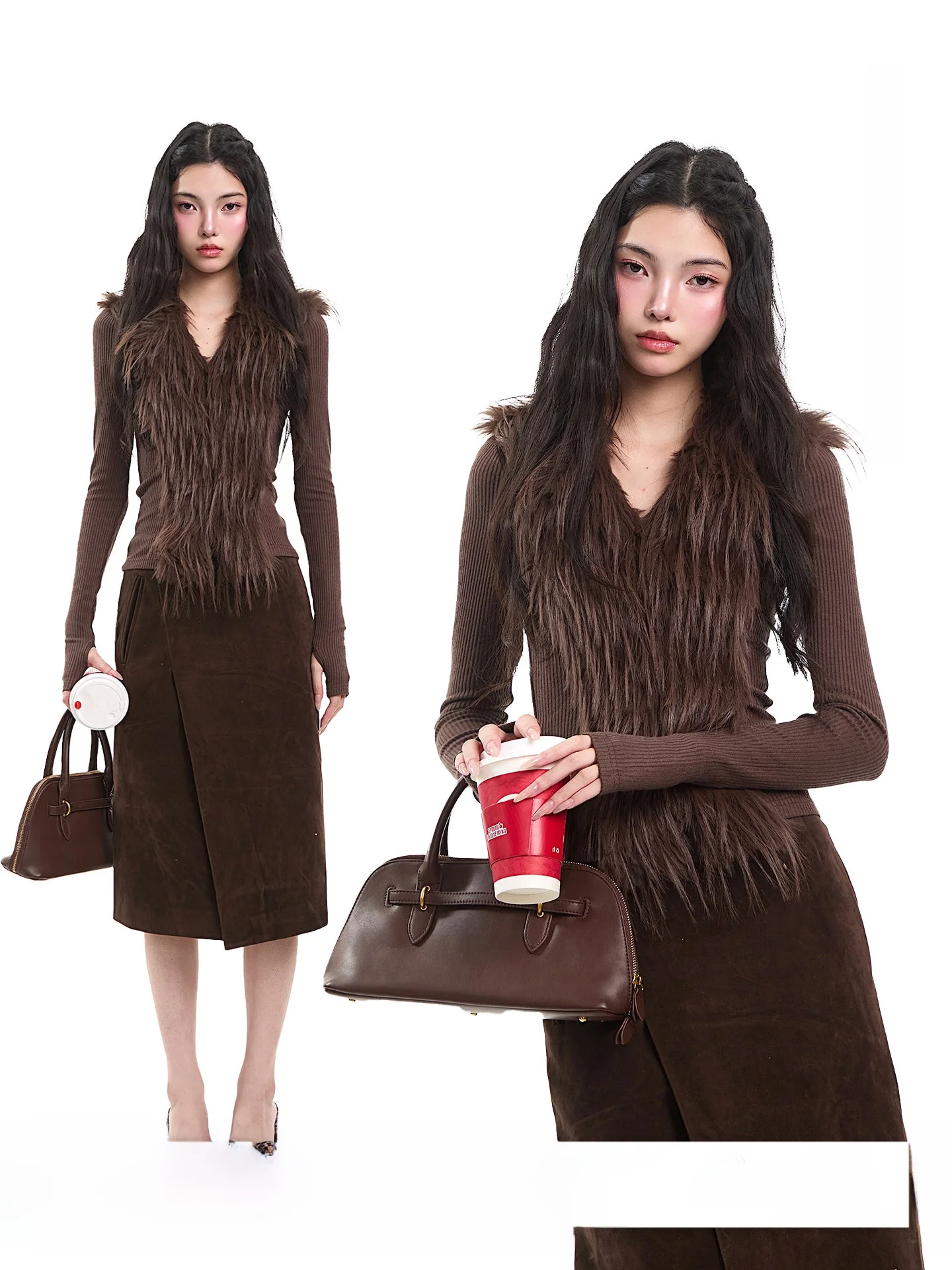 

Ретро-кардиган женский вязаный с коричневым меховым воротником, приталенный, с длинными рукавами, премиум-класса, легкий, элегантный, верхняя одежда