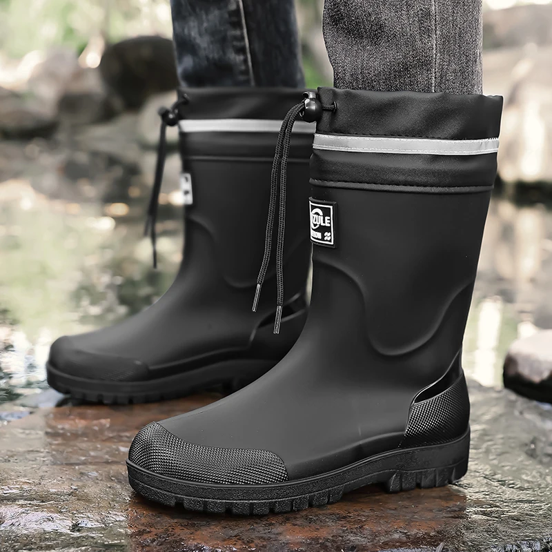 Men's Mid-Calf Drawstring Rain Boots, Waterproof Thick-Soled Commuting Fishing Outdoor Rain Shoes view 5